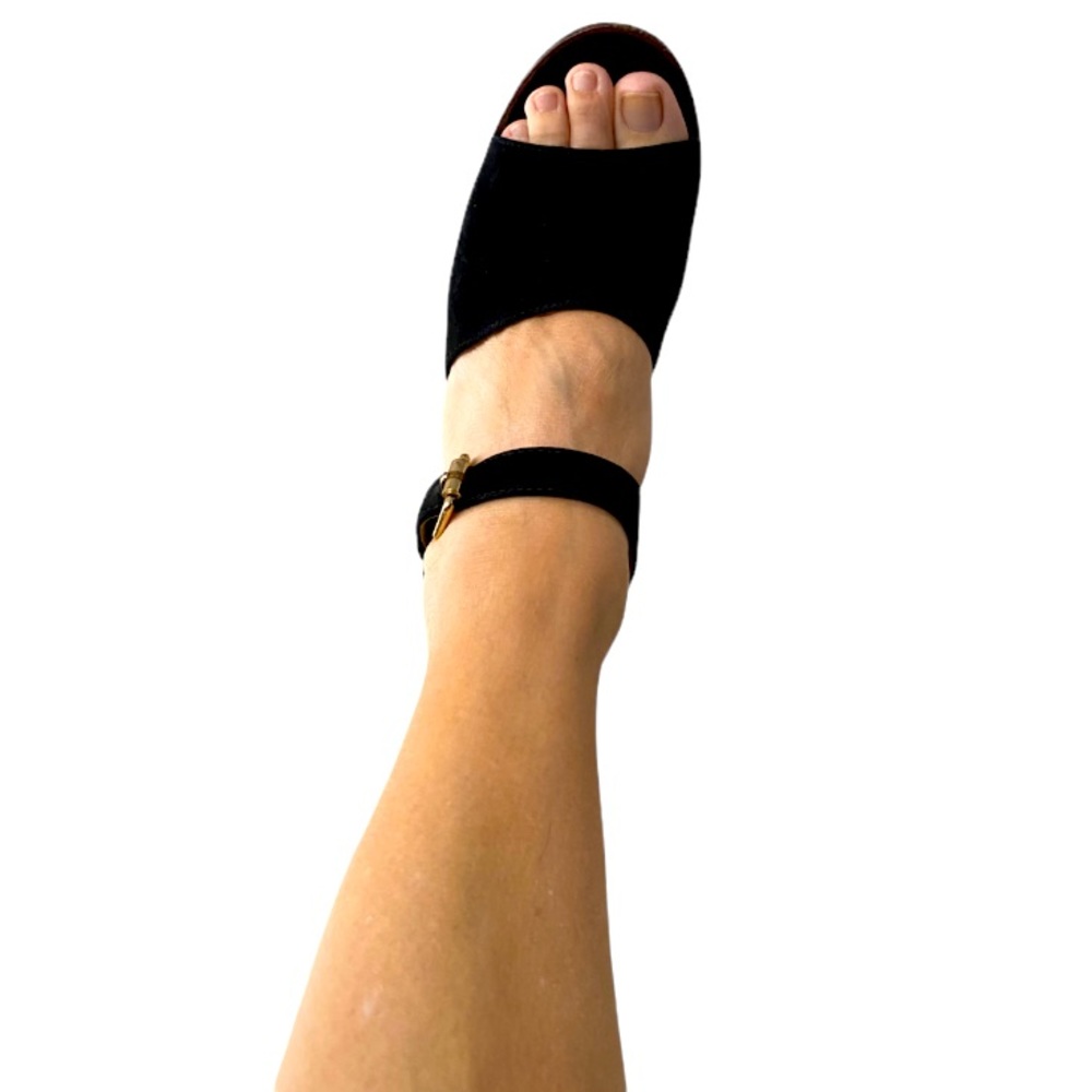 Vince Camuto Cuoio Strappy Black Suede Stacked Heel Open Toe Sandals Shoes